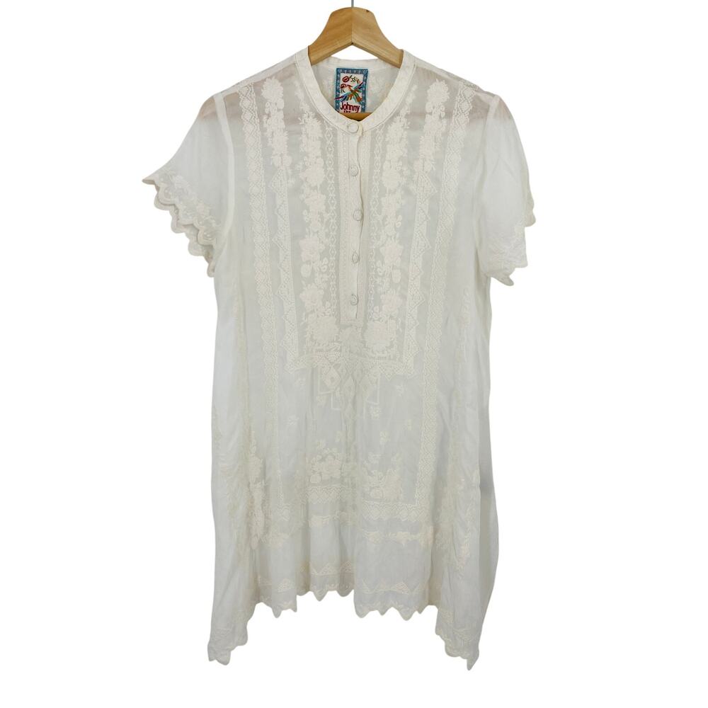Johnny Was white embroidered henley tunic blouse